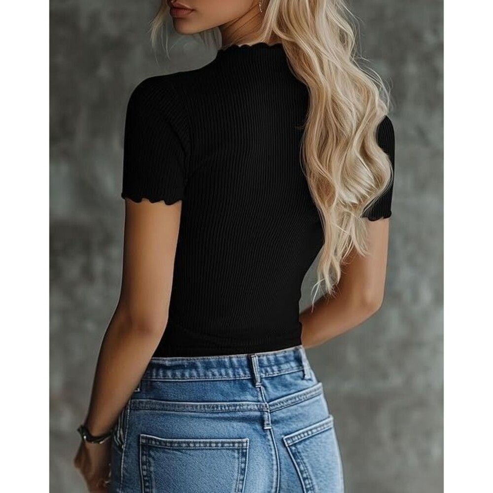 Women'S Mock Turtleneck Short Sleeve Tops Ribbed Cotton Lettuce Trim Tee - Small